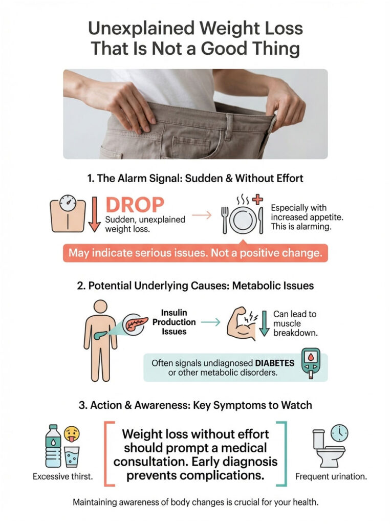 Infographic explaining unexplained weight loss, causes, and symptoms to watch for, including icons and text.