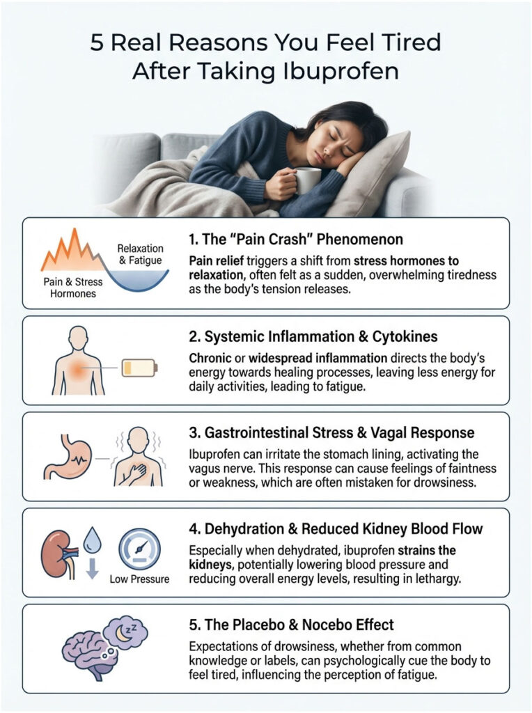 Infographic explaining five reasons for tiredness after taking ibuprofen, with illustrations and text descriptions.