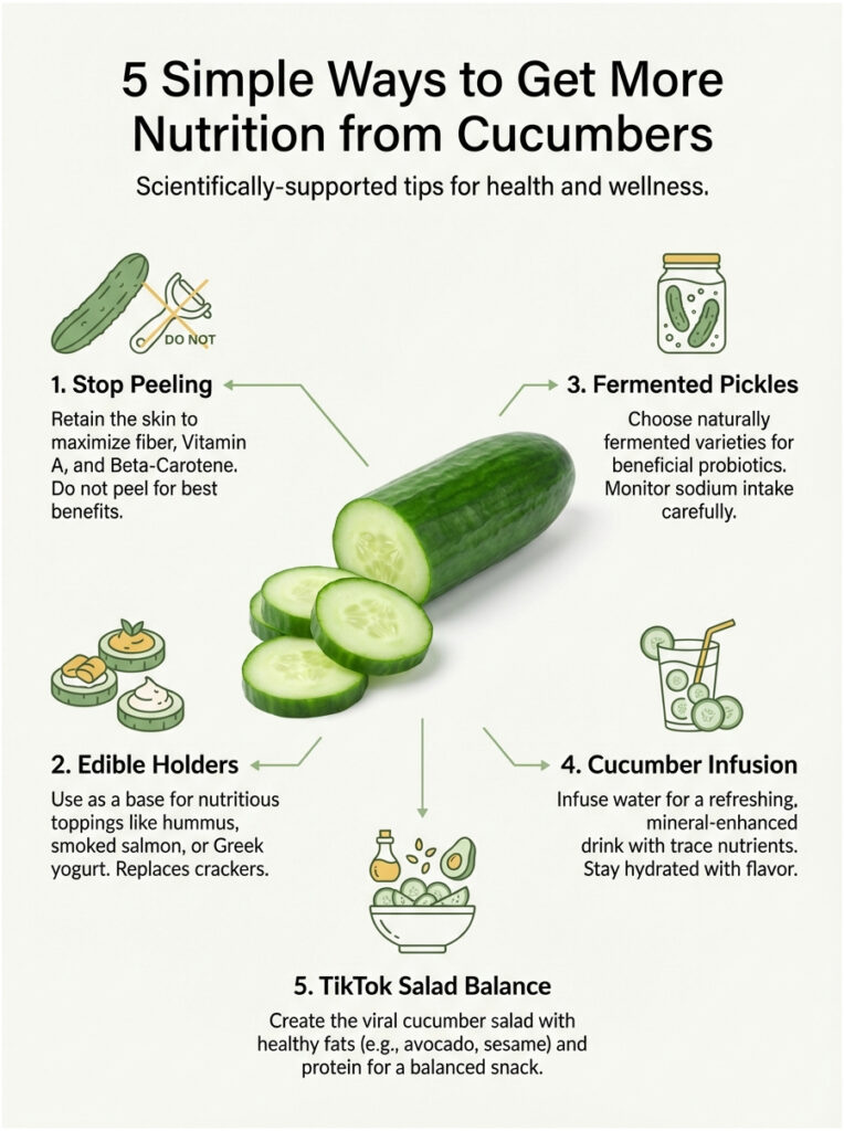 Infographic showing five ways to get more nutrition from cucumbers, including tips and illustrations.