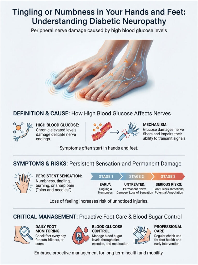 Infographic explaining diabetic neuropathy, showing symptoms, stages, and management strategies with illustrations of feet and hands.