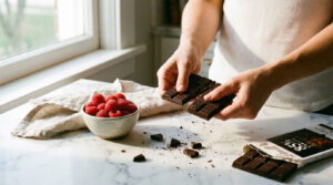 A person breaks dark chocolate while holding raspberries in a bowl on a marble countertop.