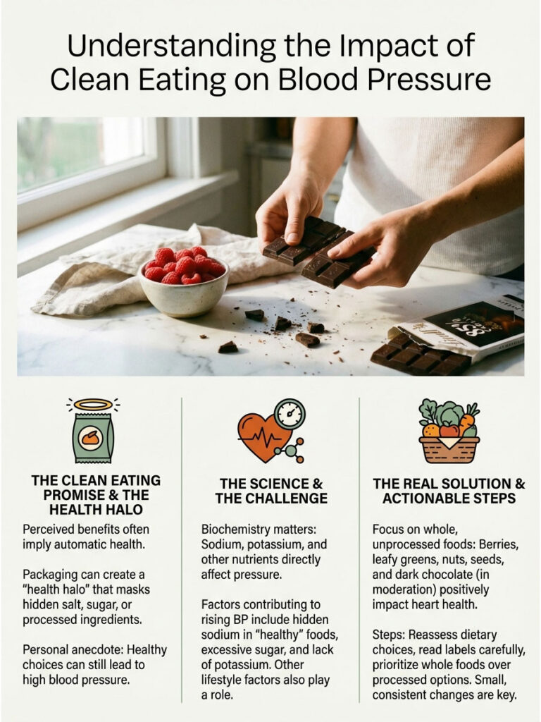 Infographic showing clean eating's impact on blood pressure with text, images of food, and actionable steps.