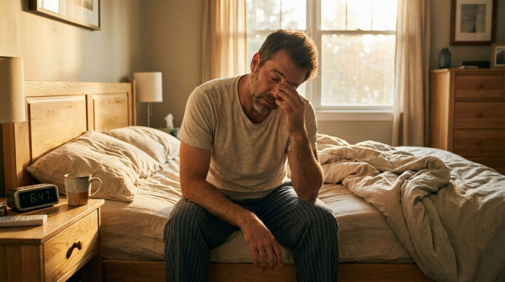 A man sits on a bed, holding his head in his hand, looking stressed in a softly lit bedroom.