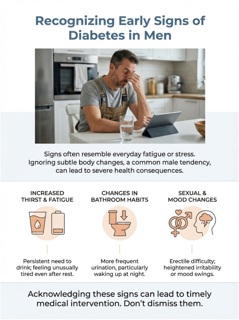 Infographic showing early signs of diabetes in men, including increased thirst, bathroom changes, and mood shifts.