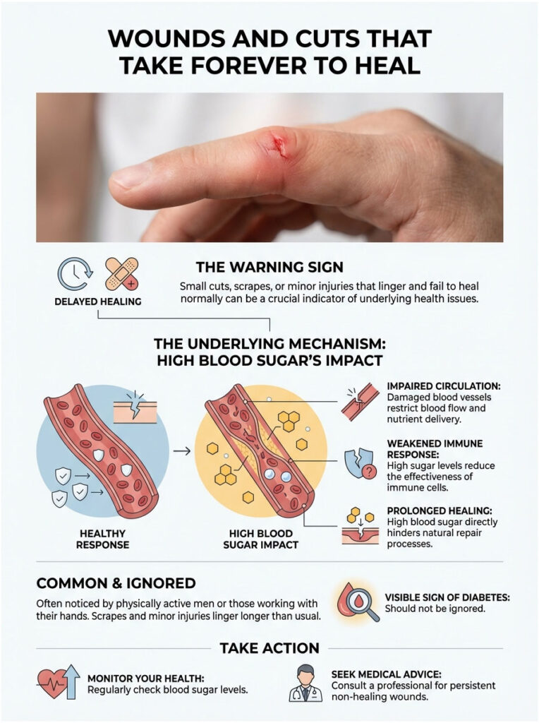 Infographic showing delayed healing of wounds, high blood sugar impact, and health advice with illustrations and text.