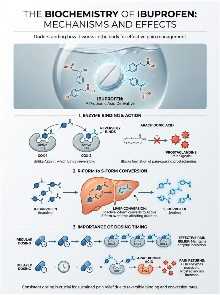 Infographic explaining ibuprofen's biochemistry, including enzyme binding, conversion, and dosing importance.