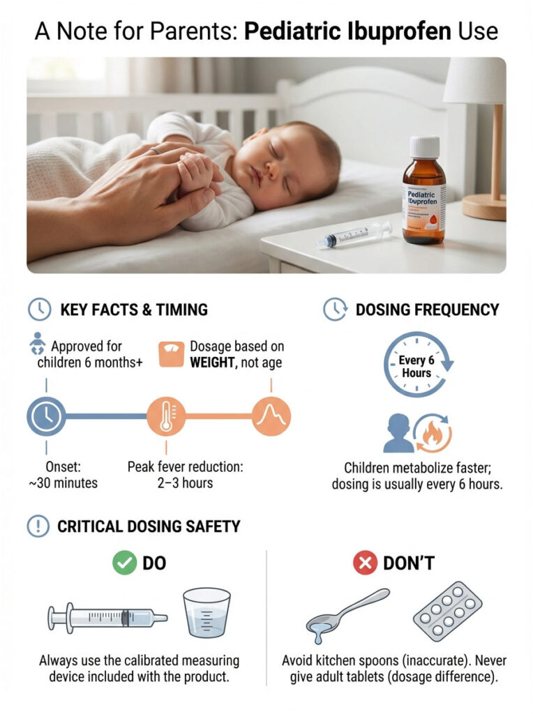 Infographic detailing pediatric ibuprofen use, including dosage timing, safety tips, and key facts.