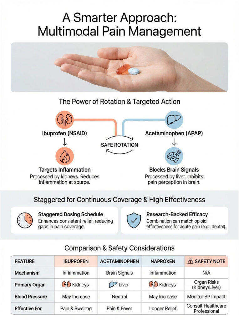 Infographic illustrating multimodal pain management with Ibuprofen and Acetaminophen, including charts and key data points.