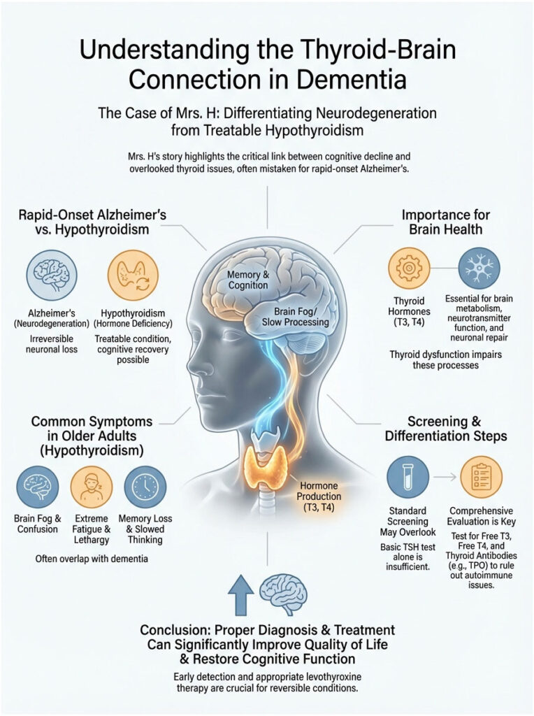 Infographic explaining the thyroid-brain connection in dementia, highlighting symptoms and screening steps.