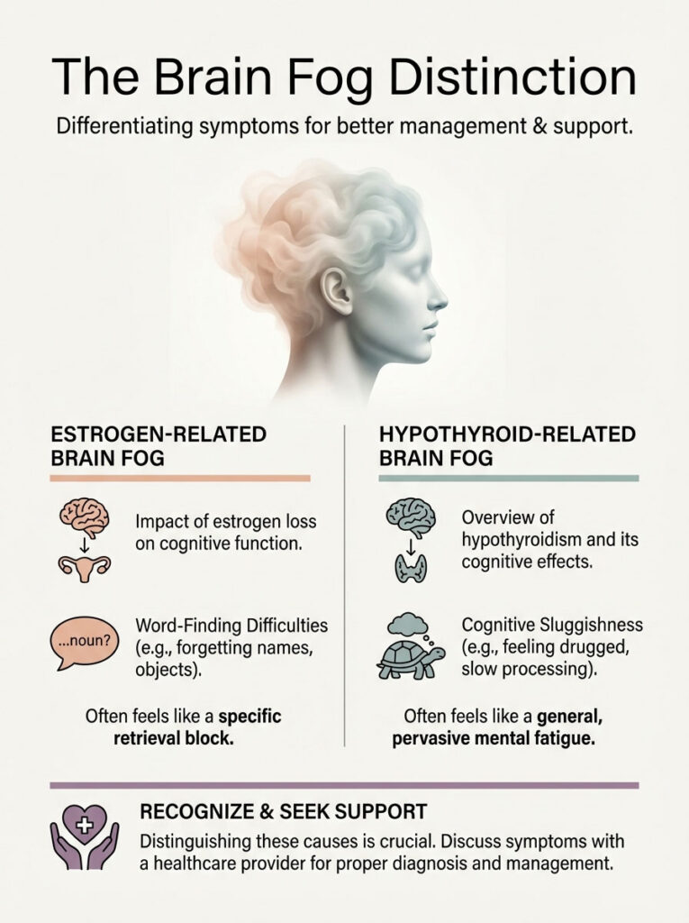 Infographic comparing estrogen-related and hypothyroid-related brain fog symptoms with illustrations and key points.