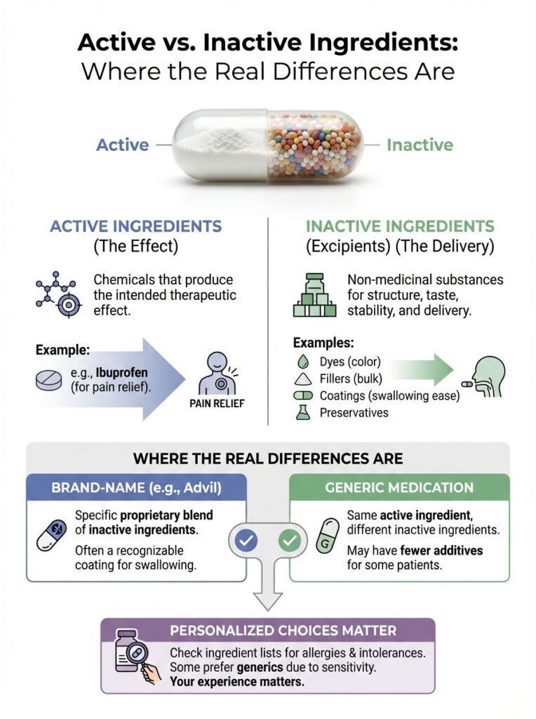 Infographic comparing active and inactive ingredients in medications, detailing effects and examples.