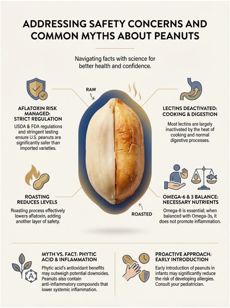 Infographic addressing peanut safety concerns with text on aflatoxin, lectins, and nutrition, featuring a split peanut image.