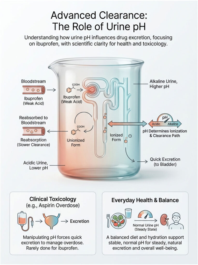 Infographic explaining urine pH's role in ibuprofen clearance, featuring diagrams and key data points on drug excretion.
