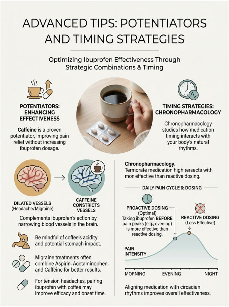 Infographic showing ibuprofen optimization tips with caffeine, timing strategies, and pain cycle graphs.