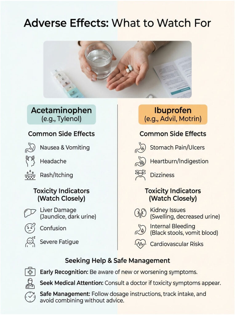 Infographic detailing adverse effects of Acetaminophen and Ibuprofen, including side effects and toxicity indicators.