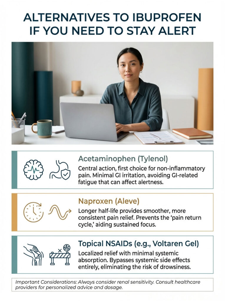 Infographic detailing alternatives to ibuprofen for alertness, featuring acetaminophen, naproxen, and topical NSAIDs.