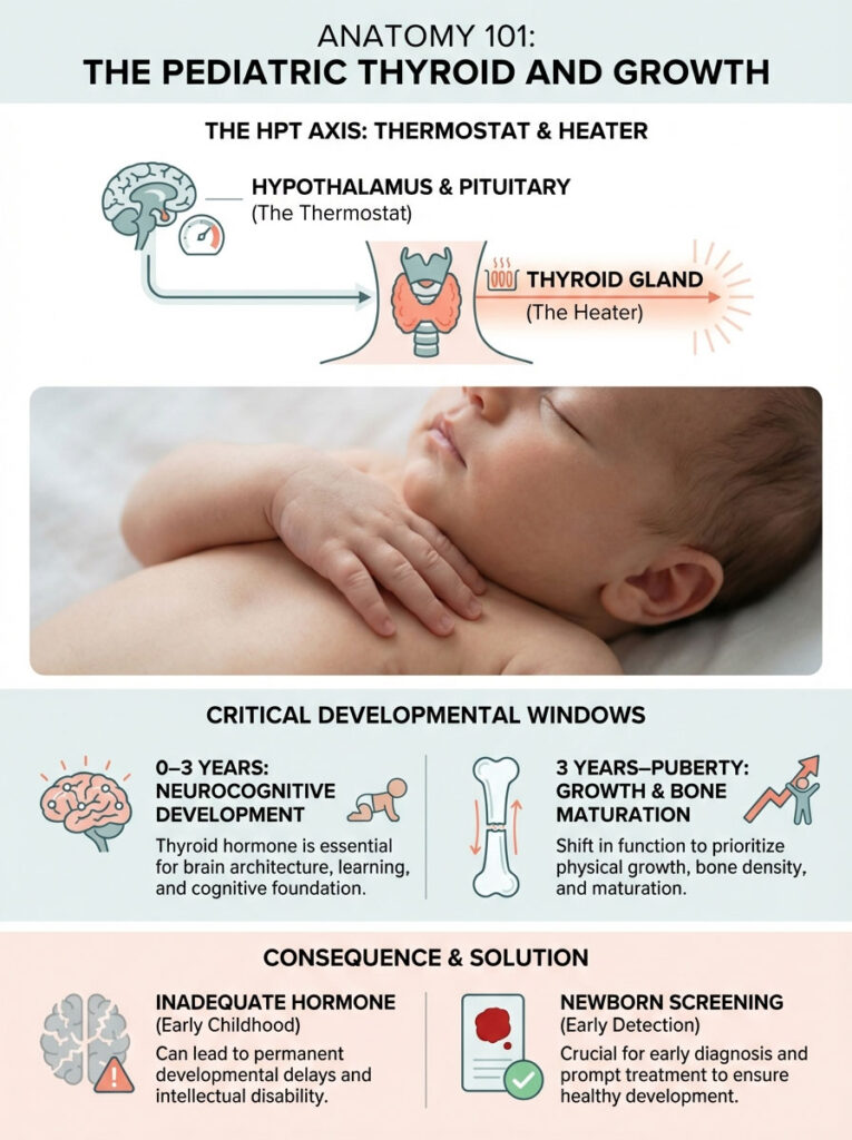 Infographic illustrating pediatric thyroid function, including the HPT axis, critical development windows, and consequences of inadequate hormone.