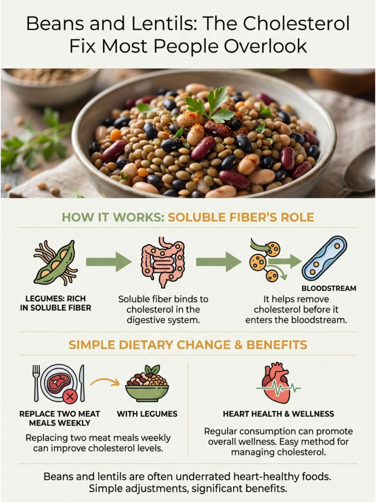 Infographic showing beans and lentils' role in cholesterol management with illustrations and key points on dietary changes.
