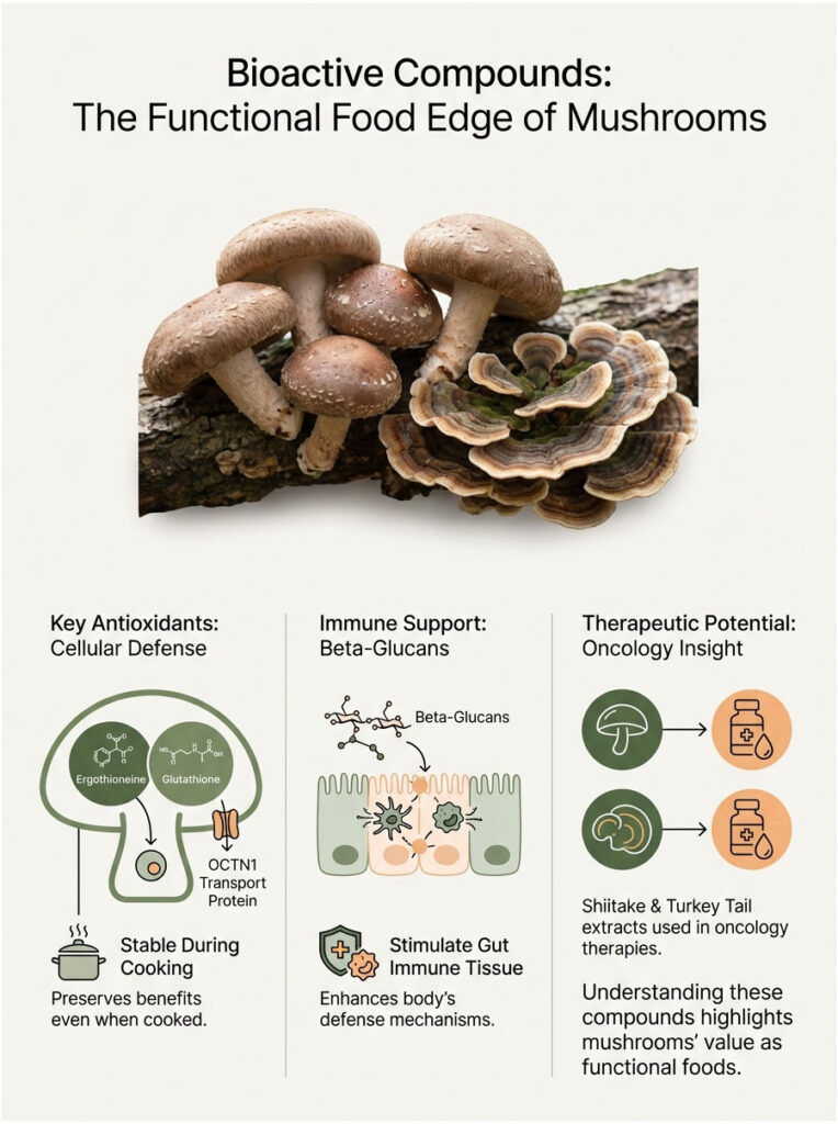 Infographic showing bioactive compounds in mushrooms, highlighting antioxidants, immune support, and therapeutic potential.