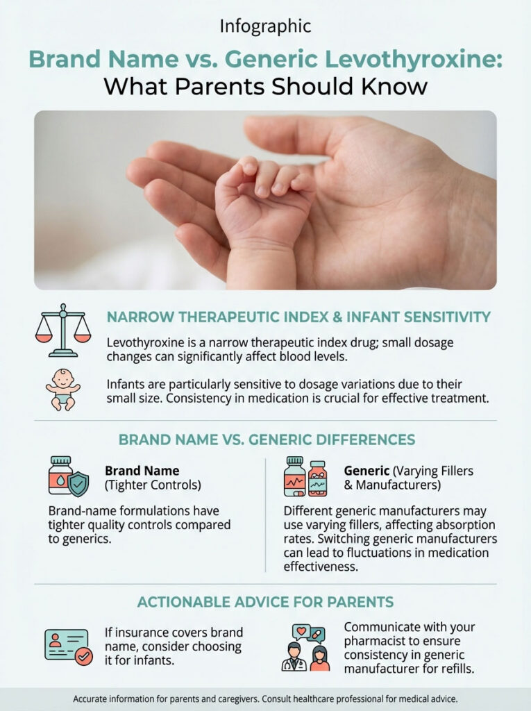 Infographic comparing brand name and generic levothyroxine for parents, highlighting dosage sensitivity and advice.