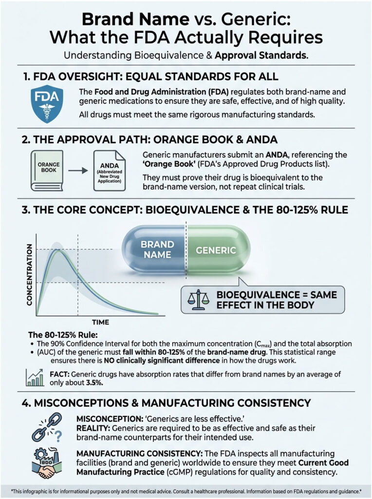 Infographic comparing brand name and generic drugs, detailing FDA requirements and bioequivalence standards.