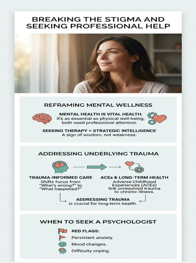 Infographic on mental health stigma, highlighting therapy, trauma care, and red flags for seeking help.
