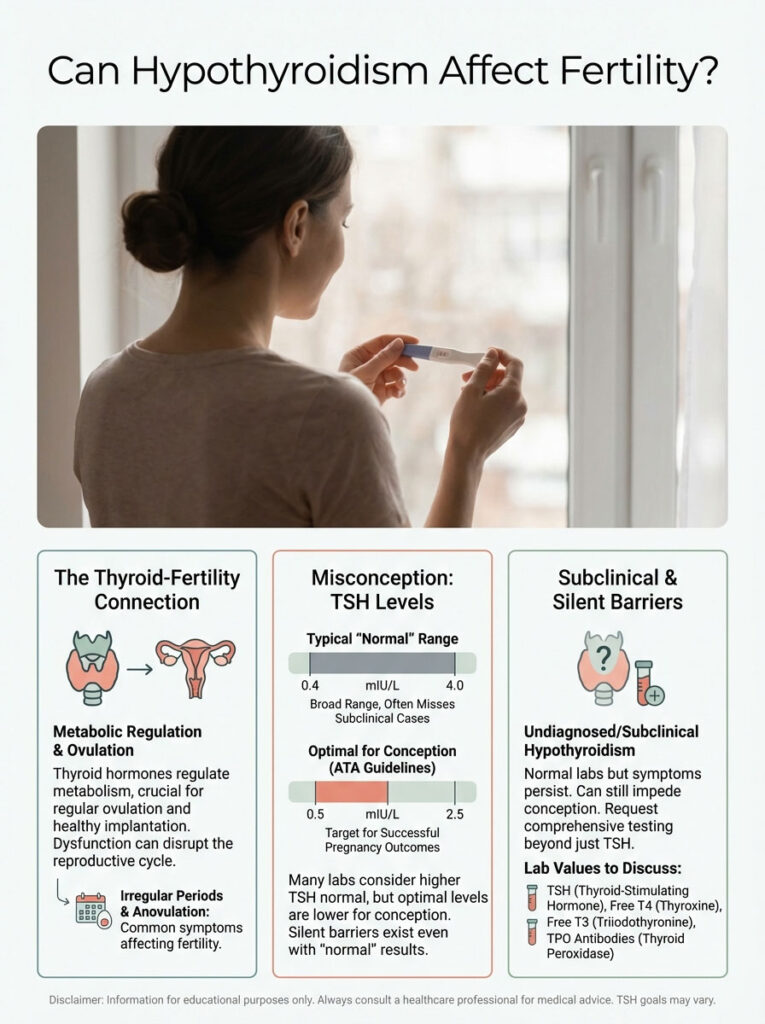 Woman holds a pregnancy test while viewing an infographic on hypothyroidism and fertility, featuring charts and icons.