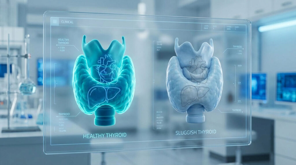 A digital display shows healthy and sluggish thyroid models in a lab setting with medical data overlay.