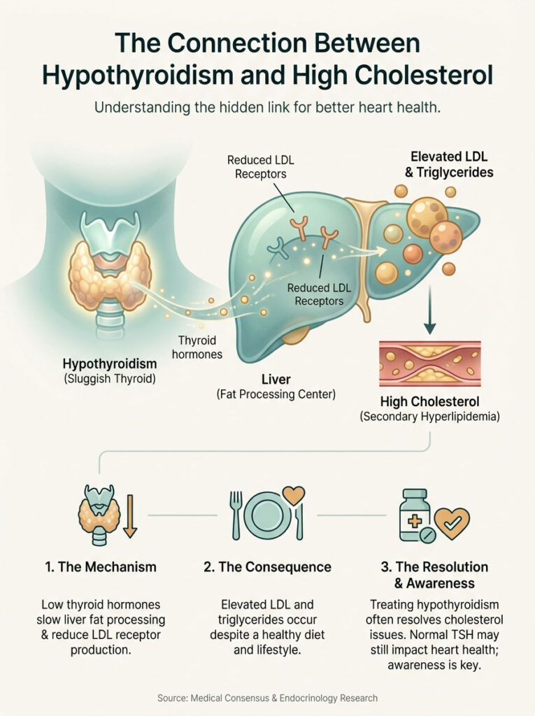 Infographic showing the link between hypothyroidism and high cholesterol with illustrations and text explaining mechanisms and consequences.