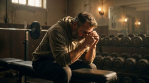 A man with a beard sits on a bench in a gym, resting his head on clasped hands, surrounded by weights.