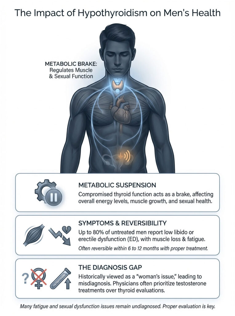 Infographic showing the impact of hypothyroidism on men's health, detailing symptoms and diagnosis gaps.