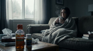 A woman wrapped in a blanket sits on a couch, holding a mug, with tissues and medicine on a table nearby.