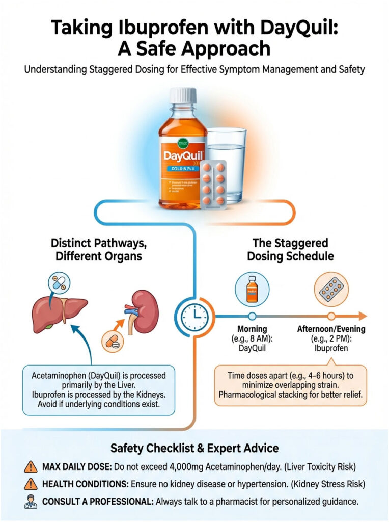Infographic explaining safe use of DayQuil and Ibuprofen with dosing schedule and organ processing details.