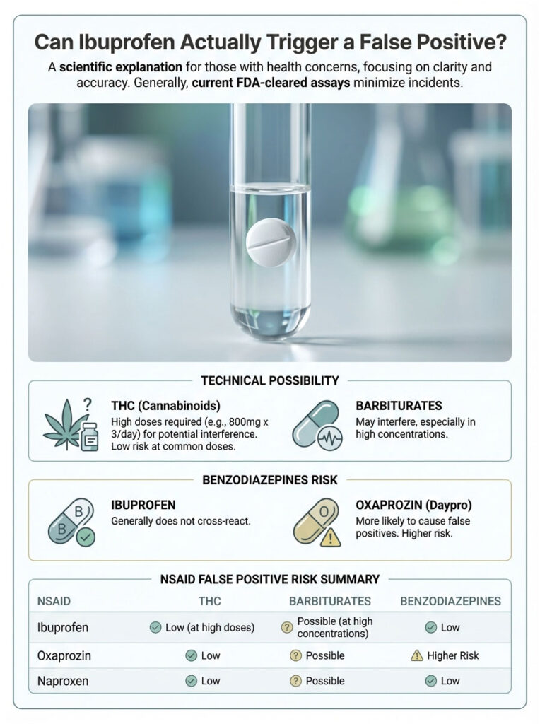 Infographic explaining ibuprofen's potential to trigger false positives in drug tests, with charts and icons.