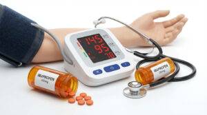 A blood pressure monitor displays readings next to ibuprofen bottles and a stethoscope on a table.