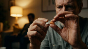 An older man examines a white and orange pill in his hands, with a dimly lit background and another person seated behind him.