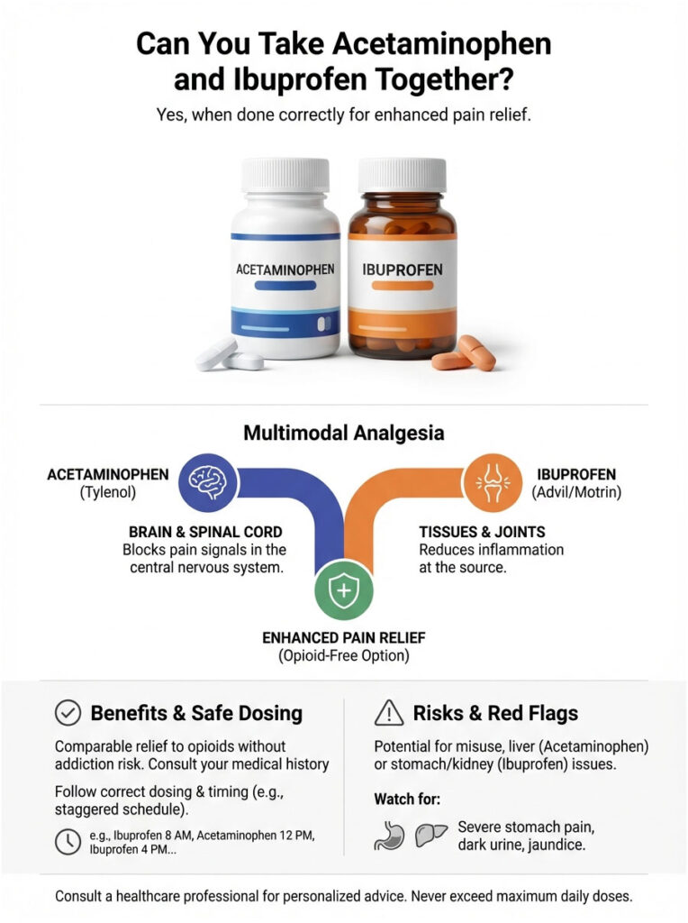 Infographic explaining the safe use of Acetaminophen and Ibuprofen together for pain relief.