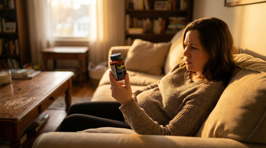 A woman sits on a couch, examining a bottle of Advil in her hand, with a cozy living room background.