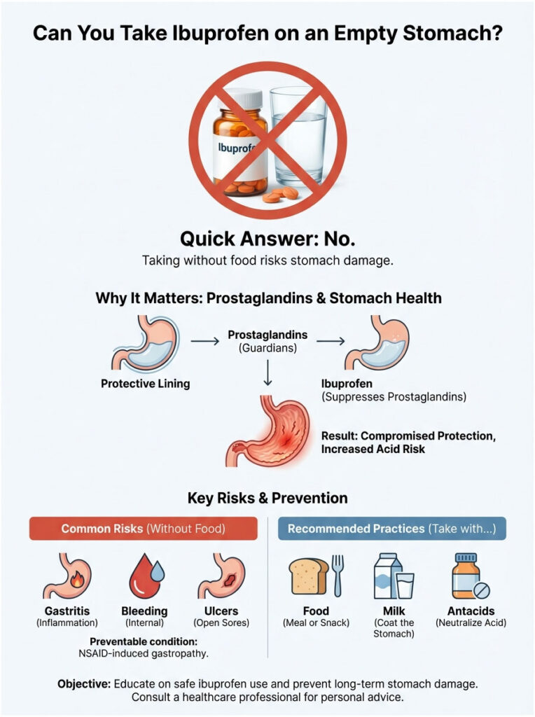 Infographic explaining risks of taking ibuprofen on an empty stomach, including stomach damage and prevention tips.
