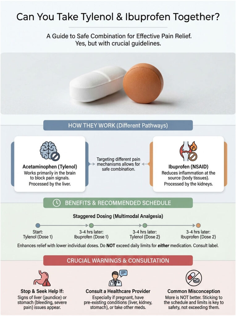 Infographic explaining safe use of Tylenol and Ibuprofen together, detailing mechanisms, dosing, and warnings.