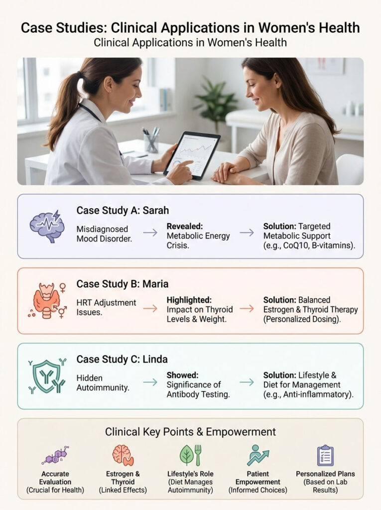 Infographic detailing case studies in women's health with three patient examples and clinical key points.