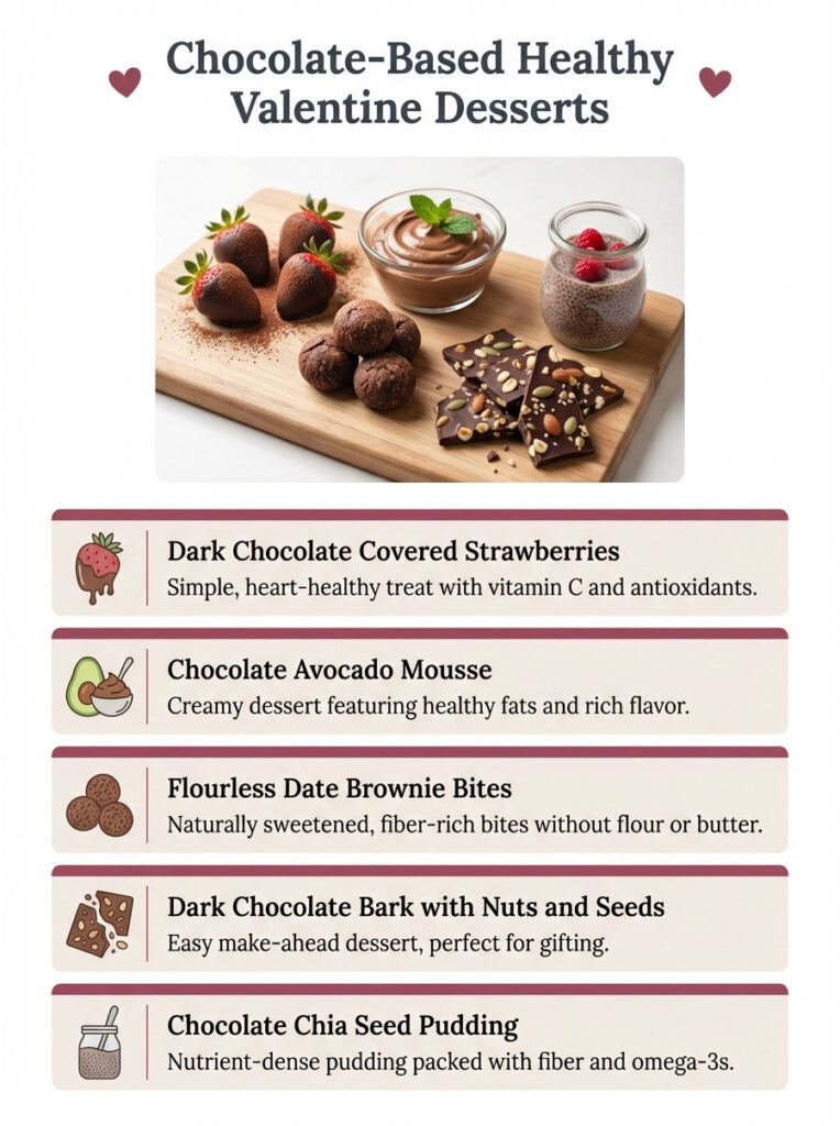 Infographic showcasing chocolate-based healthy Valentine desserts with images and descriptions of each treat.