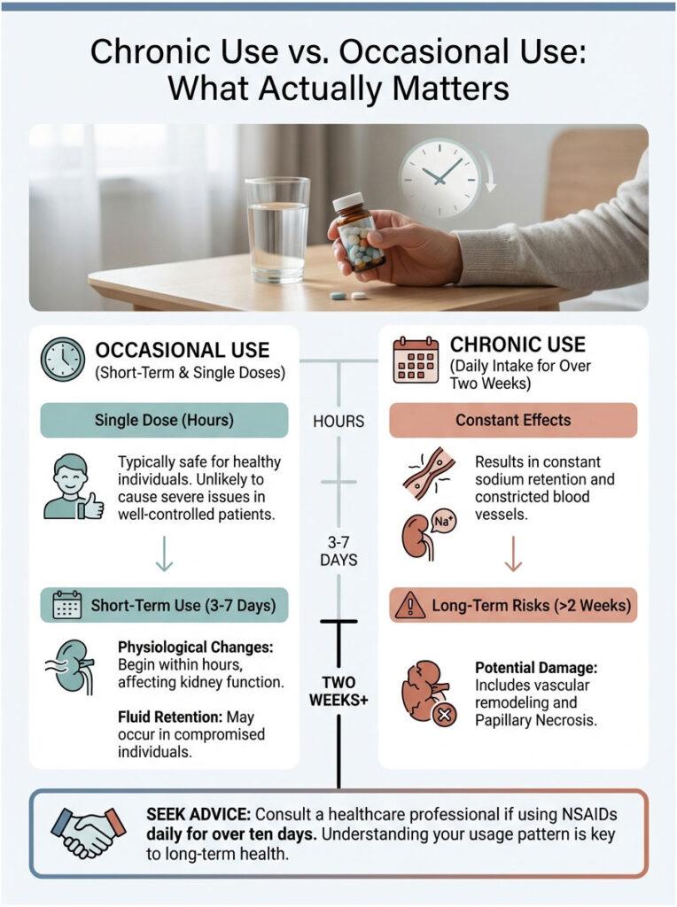 Infographic comparing chronic use and occasional use of medications, detailing effects and risks involved.