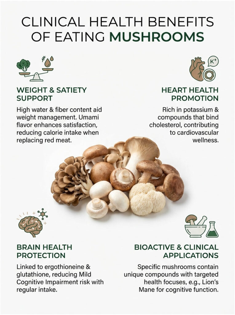 Infographic showing clinical health benefits of eating mushrooms, including weight support and heart health.