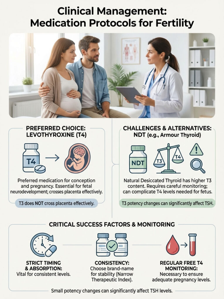 Infographic on medication protocols for fertility, featuring T4 and NDT options, success factors, and monitoring tips.