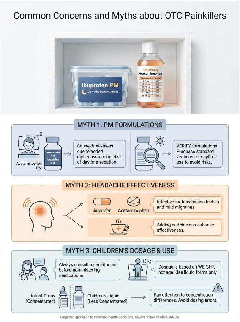 Infographic showing myths about OTC painkillers, including PM formulations, headache effectiveness, and children's dosage.