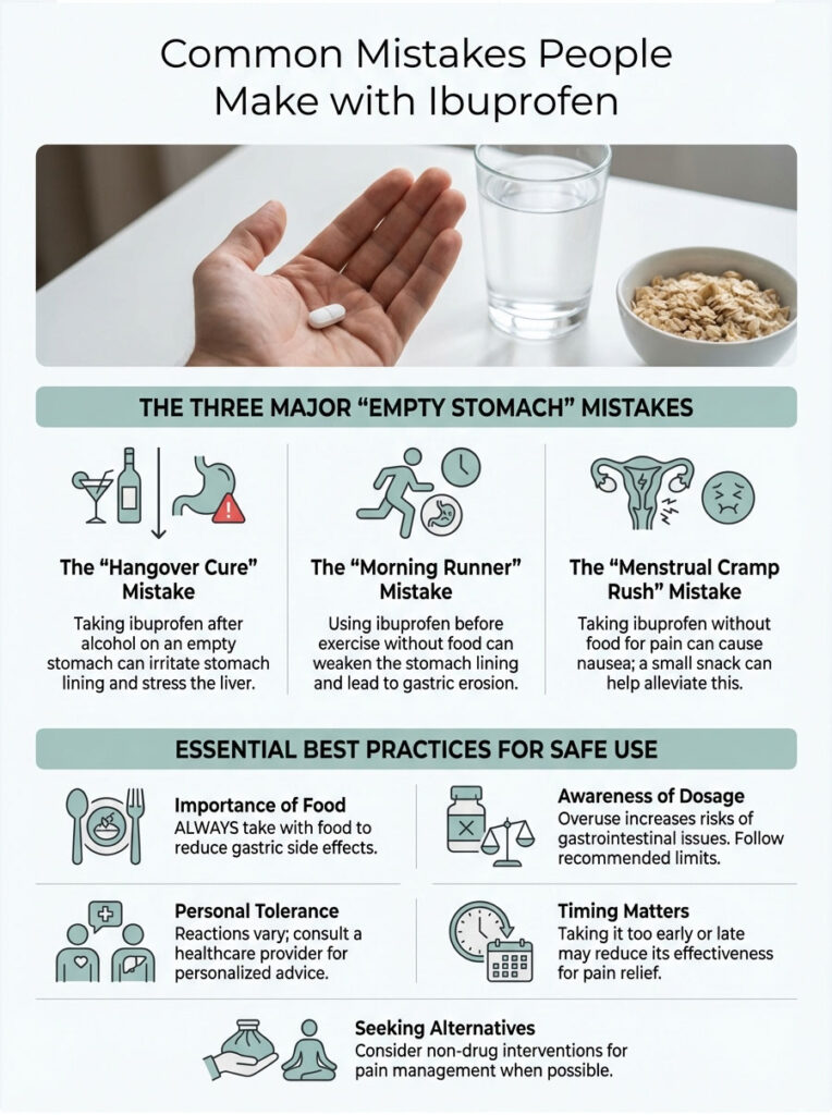 Infographic showing common ibuprofen mistakes and best practices for safe use, with illustrations and text descriptions.