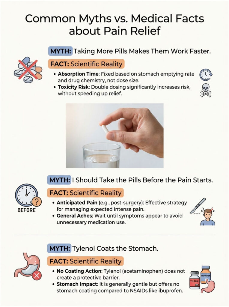 Infographic comparing myths and facts about pain relief, featuring text, icons, and a hand holding a glass of water.