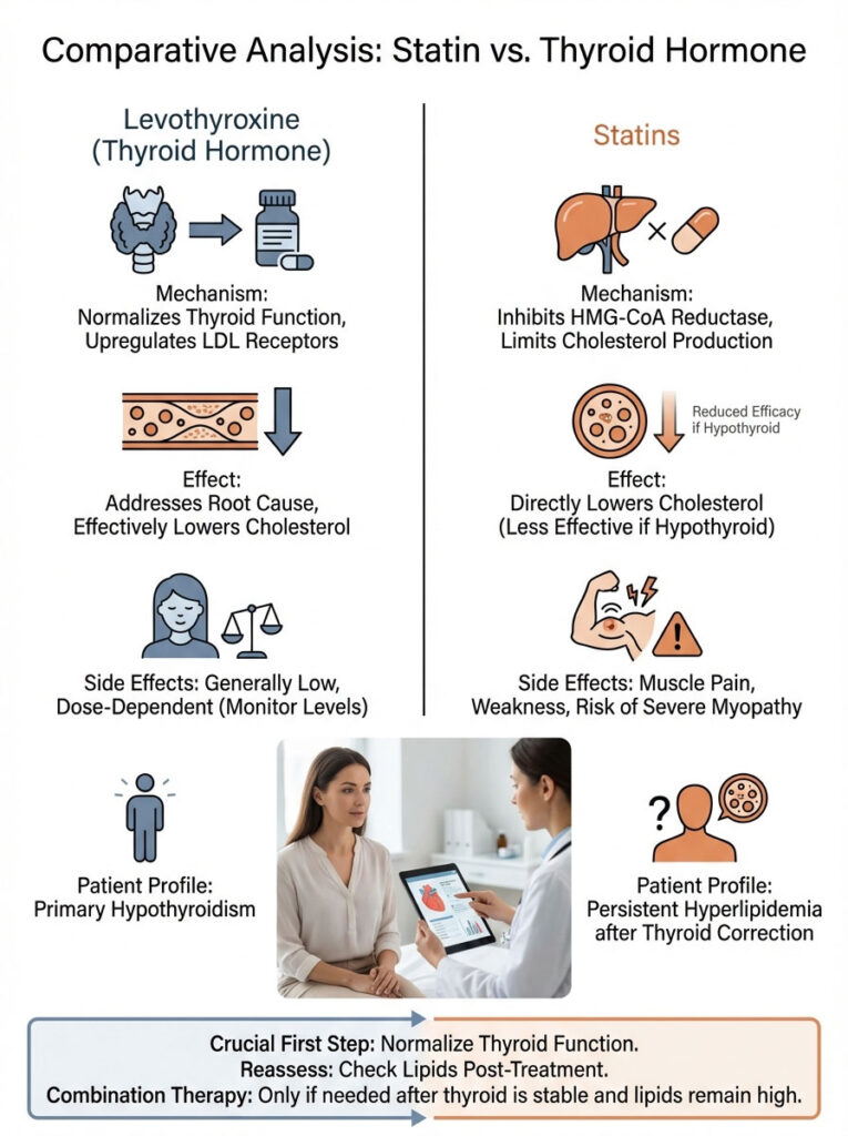 Comparative analysis infographic of Levothyroxine and Statins, detailing mechanisms, effects, side effects, and patient profiles.