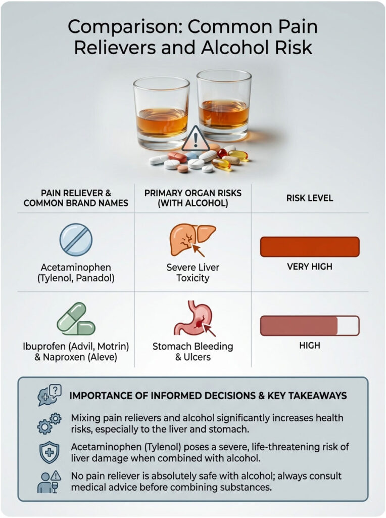 Infographic comparing pain relievers, alcohol risks, and health effects with charts and icons.